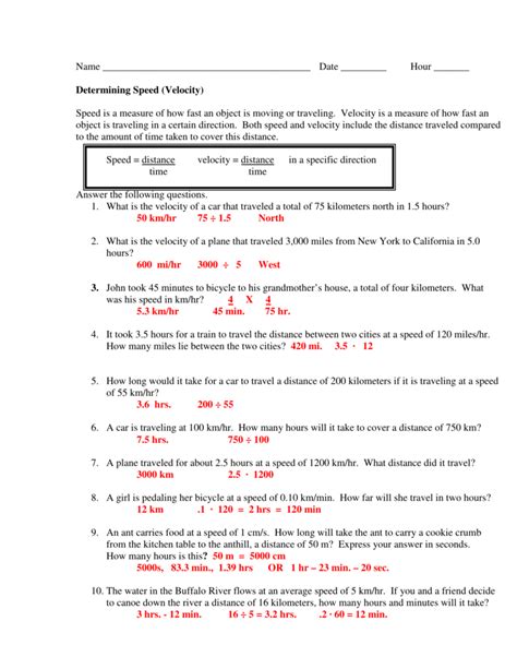 distance displacement speed and velocity worksheet answers